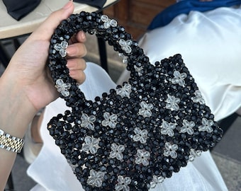 ブラッククリスタルビーズショルダーバッグ - ハンドメイド KNITKOS