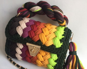 Handmade Crochet Shoulder Bag: Multi Color Knitted Women's Purse