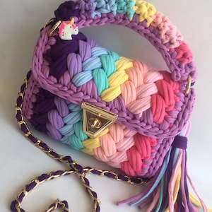 Handmade Crochet Shoulder Bag: Rainbow Knit, T-Shirt Yarn