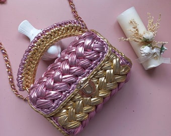 Handmade Metallic Crochet Bag, Luxury Knitted Shoulder Bag