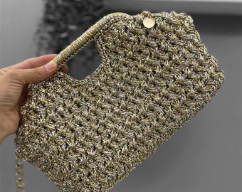 Metallic Clutch Bag/Handmade Bag/Hand Woven Bag/Crochet Bag/Knitted Bag/Designer Bag/Luxury Bag/Shoulder Bag/Women's Bag/Peronalized Gifts