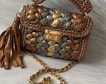 Multi Color Metallic Clutch Bag/Handmade Bag/Hand Woven Bag/Crochet Bag/Knitted Bag/Designer Bag/Luxury Bag/Shoulder Bag/Women's Bag