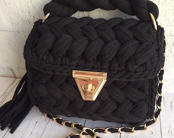 Handmade Knitted T-Shirt Yarn Bag, Black Crochet Shoulder Bag