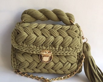 Handmade Knitted T-Shirt Yarn Bag, Braided Handle & Chain