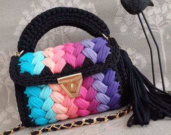 Multi Color Bag/Hand Woven Bag/Crochet Bag/Knitted Bag/Colorful Bag/Black Bag/Designer Bag/Luxury Bag/Shoulder Bag/Luxury Bag/Women's Bag