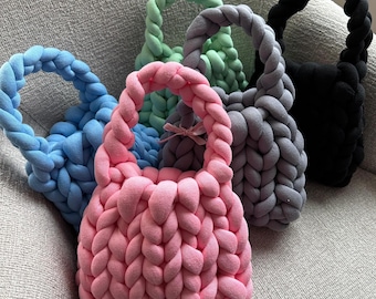 Chunky Knit Bag / Handmade Marshmallow Bag / Thick Bulky Giant Wool Handwoven Handbag /Chunky Yarn Knit Shoulder Bag/Braided DIY Bucket Bag