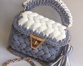 Handmade Crochet Shoulder Bag: Two-Tone Knitted T-Shirt Yarn Purse
