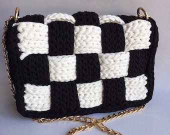 Handmade Woven Crochet Bag, Black & White T-Shirt Yarn Shoulder Bag