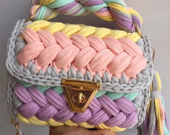 Handmade Multi Color Crochet Bag: Knitted T-Shirt Yarn Shoulder Bag
