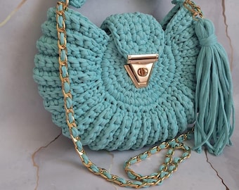 Handmade Knit Shoulder Bag, T-Shirt Yarn, Evening Cocktail Purse