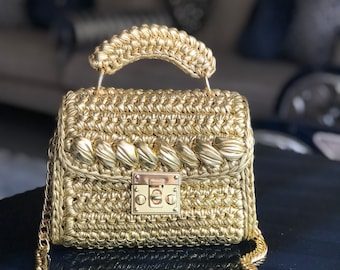 Handmade Metallic Crochet Bag: Designer Knitted Shoulder Bag
