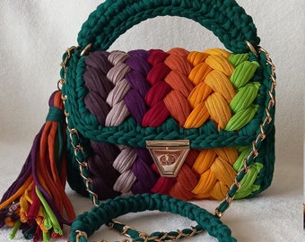 Handmade Crochet Shoulder Bag: Braided Rainbow T-Shirt Yarn