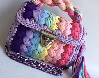 Handmade Multi Color Crochet Bag: Knitted T-Shirt Yarn Shoulder Bag