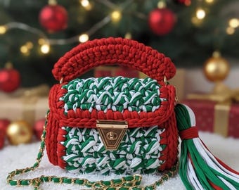 Bolsa com tema natalino/Bolsa tecida à mão/Bolsa de crochê/Bolsa de tricô/Bolsa colorida/Bolsa de grife/Bolsa de luxo/Bolsa de ombro/Bolsa de luxo/Bolsa feminina