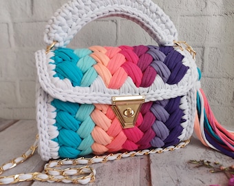 Handmade Crochet Shoulder Bag: Multi Color Knitted Women's Purse