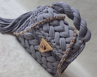 Handmade Knitted Bag, T-Shirt Yarn, Shoulder Bag with Chain