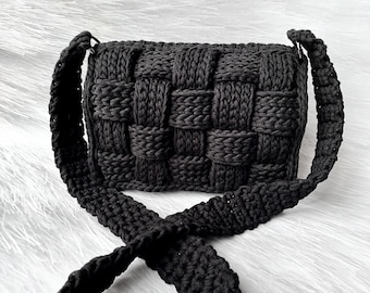 Handmade Black Crochet Shoulder Bag, Woven T-Shirt Yarn