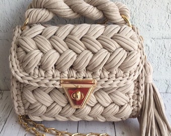 Handmade Braided Crochet Bag, T-Shirt Yarn Knitted Shoulder Bag
