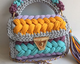 Handmade Crochet Shoulder Bag, Multi Color T-Shirt Yarn