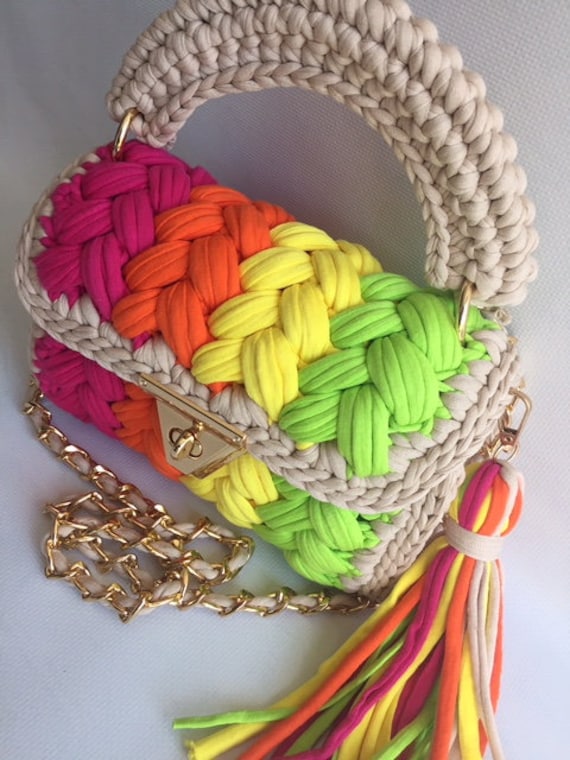 Handmade Crochet Shoulder Bag: Braided Rainbow T-shirt Yarn - Etsy