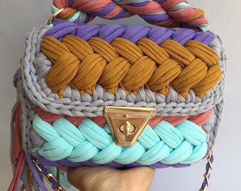 Handmade Multi Color Crochet Bag: Knitted T-Shirt Yarn Shoulder Bag