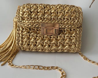 Bolsa de crochê metálica feita à mão: bolsa de ombro de malha dourada