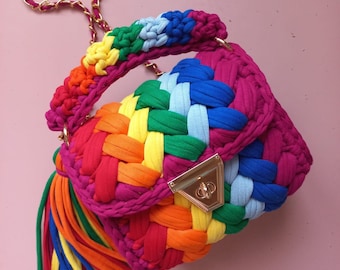 Wielokolorowa torba/Torba tkana ręcznie/Torba szydełkowa/Torba dzianinowa/Kolorowa torba/Czarna torba/Torba designerska/Luksusowa torba/Torba na ramię/Luksusowa torba/Torba damska