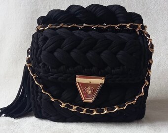 Handmade Black Knitted Shoulder Bag, T-Shirt Yarn, Chain Detail