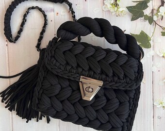 Handmade Black Crochet Bag, T-Shirt Yarn Woven Shoulder Bag