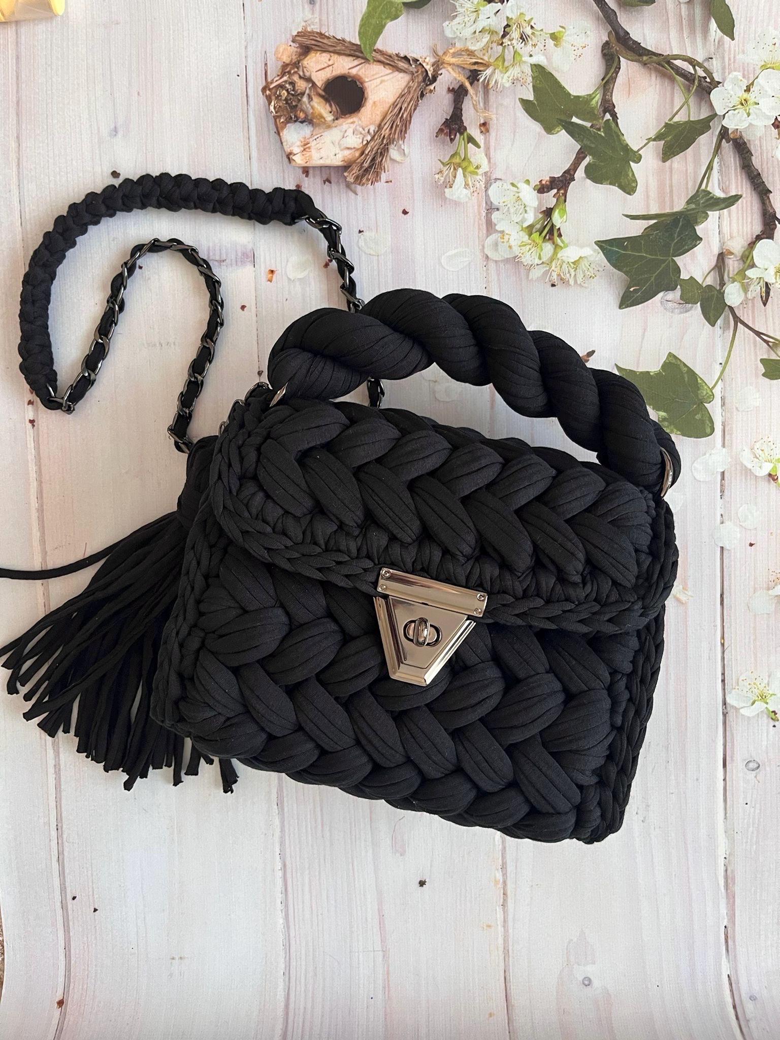 Handmade Black Crochet Bag, T-shirt Yarn Woven Shoulder Bag - Etsy