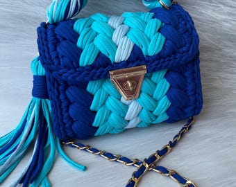 Bolsa azul multicolorida/bolsa feita à mão/bolsa de crochê/bolsa de tricô/bolsa colorida/bolsa de grife/bolsa de luxo/bolsa de ombro/bolsa de luxo/bolsa feminina