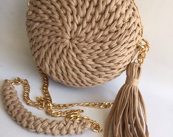 Sac à bandoulière au crochet fait main : sac tricoté en laine pour t-shirt