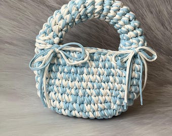 Bolsa de crochê feita à mão em algodão: Bolsa de ombro redonda tricotada, bolsa de designer.