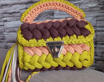 Handmade Multi Color Crochet Bag - T-Shirt Yarn Knitted Shoulder Bag