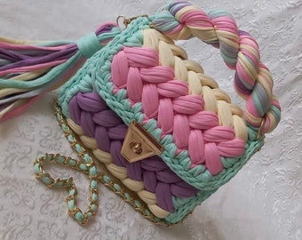 Handmade Multicolor Crochet Bag, T-Shirt Yarn Shoulder Bag