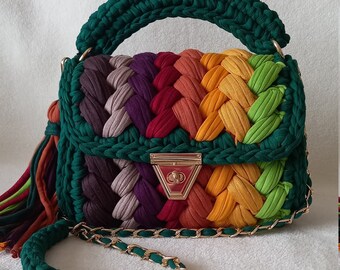 Handmade Multi Color Crochet Bag: Woven T-Shirt Yarn Shoulder Bag