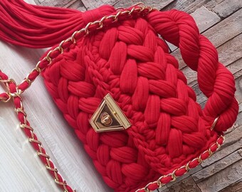 Bolsa de hilo de camiseta tejida a mano, bolso de hombro de crochet para mujer