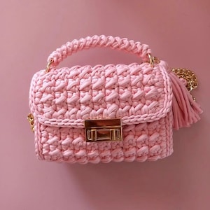 May include: A pink crocheted handbag with a gold chain strap and a gold clasp. The bag has a tassel on the strap.