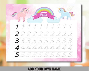 Personalised Children’s number writing practice Board with pen. Unicorn Design