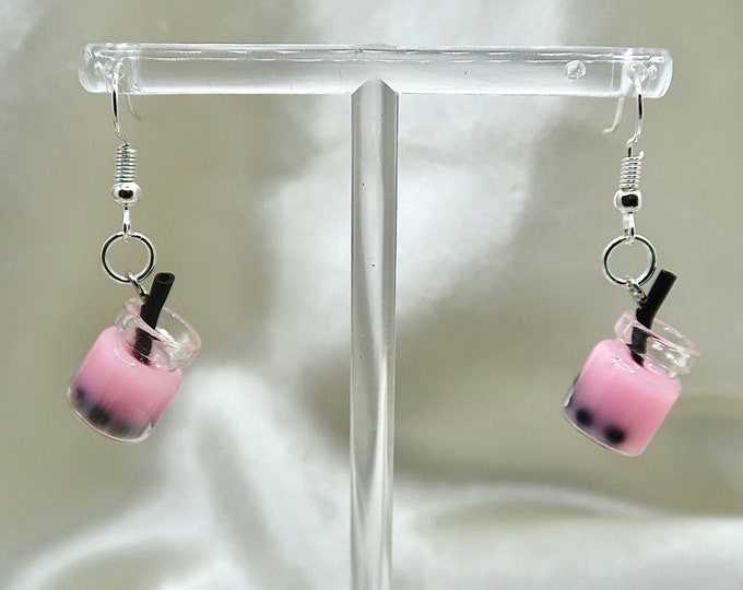 Strawberry Boba Drink Pink Dangle Earrings