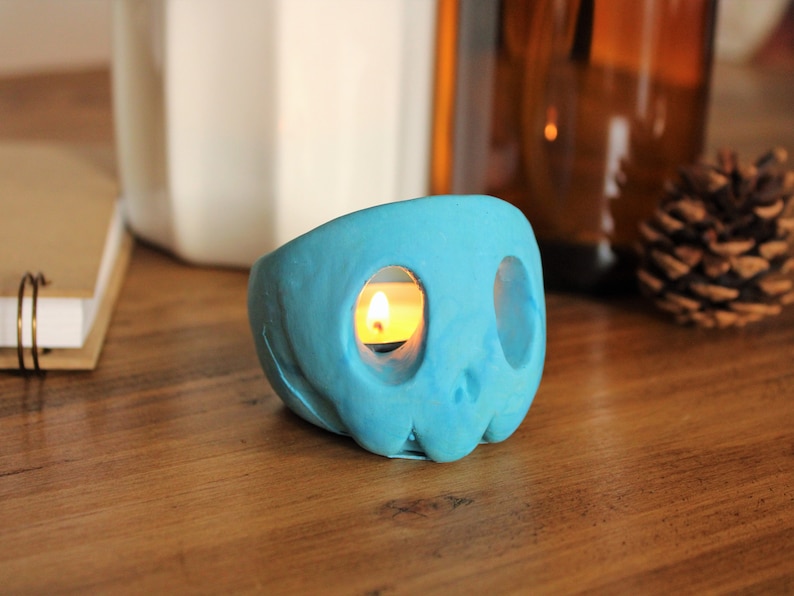 Skull Candle Holder Custom Colour Tealight Gift Halloween Decoration Blue