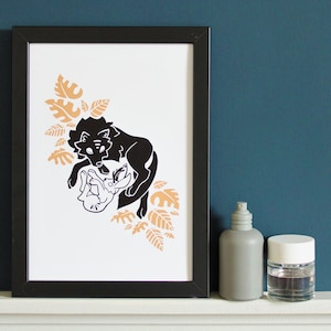 Wolf & Jackalope Art Print | A4 | Minimalist Rabbit Plants |