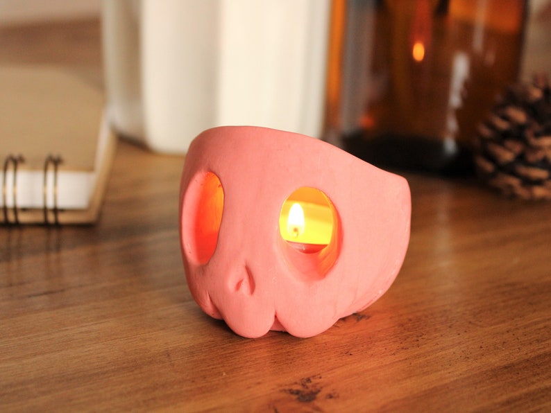 Skull Candle Holder Custom Colour Tealight Gift Halloween Decoration Pink