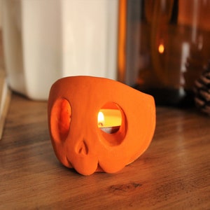 Skull Candle Holder Custom Colour Tealight Gift Halloween Decoration Burnt Orange