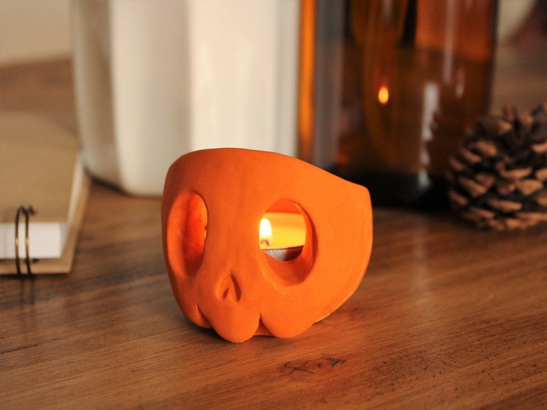 Skull Candle Holder Custom Colour Tealight Gift Halloween Decoration Burnt Orange