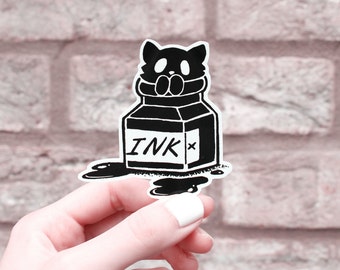 Ink Bottle Cat | Vinyl Waterproof Sticker | Gloss Finish | Gothic Ink |
