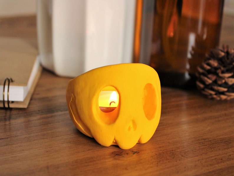Skull Candle Holder Custom Colour Tealight Gift Halloween Decoration Yellow