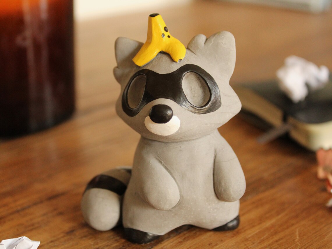 Mini Raccoon Raccoon Sculpture With Banana Crown | Hand-painted Figurine - Etsy