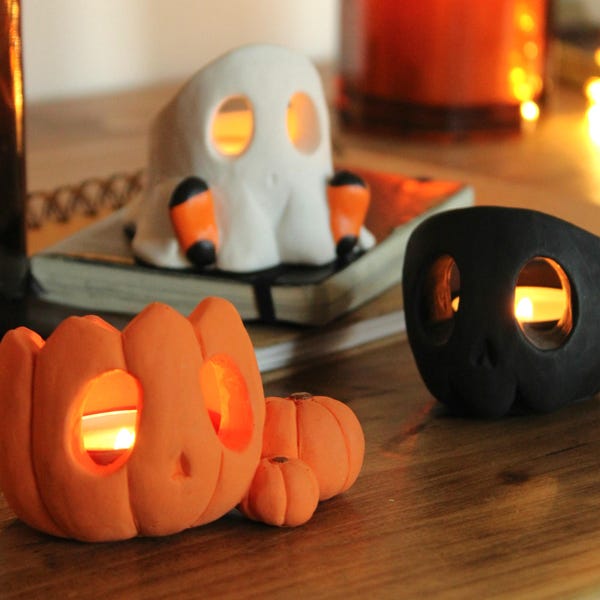 Totenkopf, Kürbis & Geist Kerzenhalter Set | Teelicht | Halloween-Dekoration