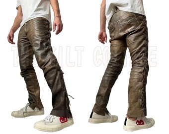 Men's BROWN Genuine Distressed Premium Leather Pant - Stylish Side Laces Western Wear Riding Trousers Native Style Cowboy Pant 5 Pockets